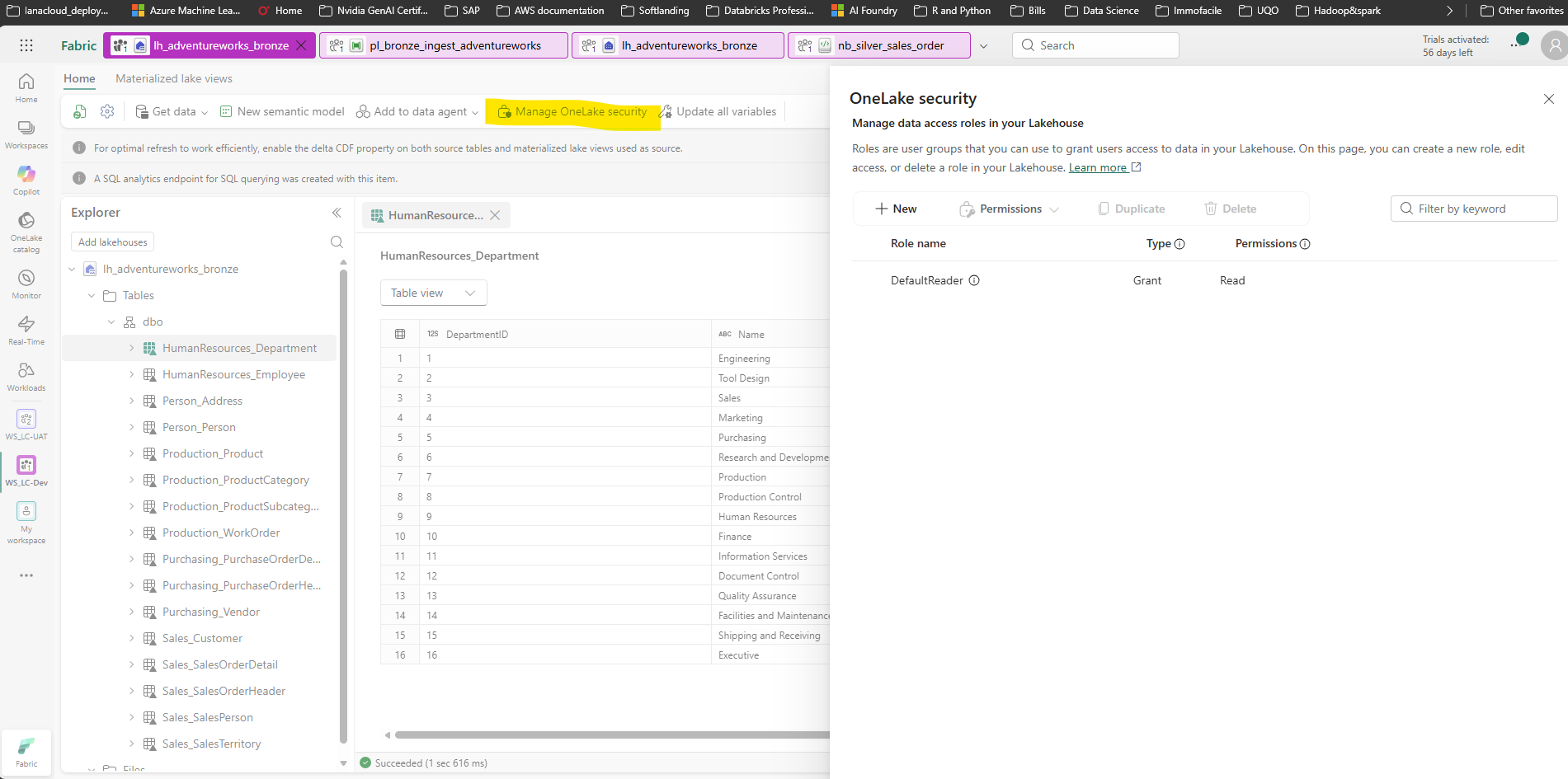 Fabric Lakehouse explorer with 'Manage OneLake security' button highlighted in the top ribbon